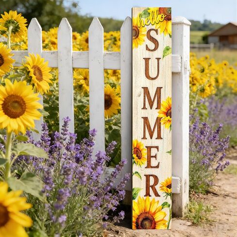 لافتة الشرفة الخشبية Hello Summer زخارف معلقة عمودية، علامة ترحيب للباب الأمامي واقفة، لافتة زخرفية مقاس 47 × 7.8 بوصة نمط عباد الشمس مناسبة للديكور الخارجي in Kuwait