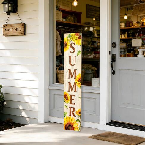 لافتة الشرفة الخشبية Hello Summer زخارف معلقة عمودية، علامة ترحيب للباب الأمامي واقفة، لافتة زخرفية مقاس 47 × 7.8 بوصة نمط عباد الشمس مناسبة للديكور الخارجي in Kuwait