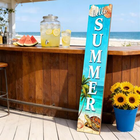 لافتة الشرفة الخشبية Hello Summer زخارف معلقة عمودية، علامة ترحيب للباب الأمامي واقفة، لافتة زخرفية مقاس 47 × 7.8 بوصة نمط عباد الشمس مناسبة للديكور الخارجي in Kuwait
