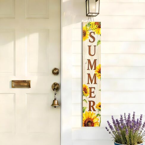 لافتة الشرفة الخشبية Hello Summer زخارف معلقة عمودية، علامة ترحيب للباب الأمامي واقفة، لافتة زخرفية مقاس 47 × 7.8 بوصة نمط عباد الشمس مناسبة للديكور الخارجي in Kuwait