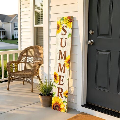 لافتة الشرفة الخشبية Hello Summer زخارف معلقة عمودية، علامة ترحيب للباب الأمامي واقفة، لافتة زخرفية مقاس 47 × 7.8 بوصة نمط عباد الشمس مناسبة للديكور الخارجي in Kuwait