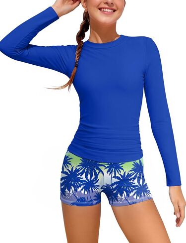 GEMLON Girls Rash Guard Swimsuit 2PCS Long Sleeve Swimsuit with Tropical Shorts Girls Bathing Suits Size 7-16 Years in Saudi Arabia