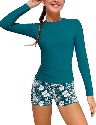 GEMLON Girls Rash Guard Swimsuit 2PCS Long Sleeve Swimsuit with Tropical Shorts Girls Bathing Suits Size 7-16 Years in Saudi Arabia