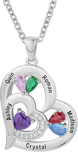Personalized Sterling Silver Heart Birthstone Necklace for Mom Custom 1-10 Names & Simulated Birthstones Mothers Necklace Family Jewelry Gift for Wife Grandma Christmas Birthday in Saudi Arabia
