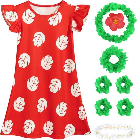Little Girls Costume Red Leaf Dress Toddler Halloween Cosplay Outfit with Flower Necklace Red Hair Clip in Saudi Arabia