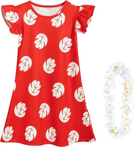Little Girls Costume Red Leaf Dress Toddler Halloween Cosplay Outfit with Flower Necklace Red Hair Clip in Saudi Arabia