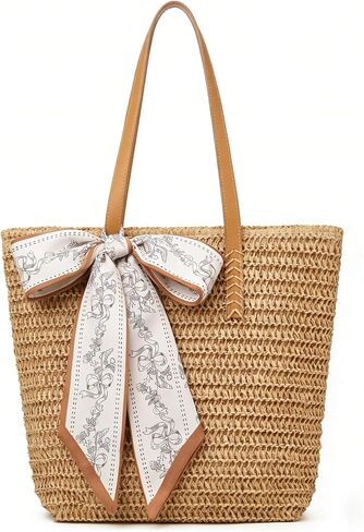 Straw Bags for Women Large Woven Summer Tote with Reinforced PU Handles and Zipper Foldable Beach Handbag for Travel Vacation in Kuwait