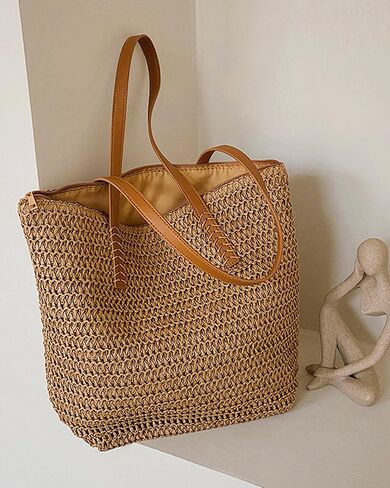 Straw Bags for Women Large Woven Summer Tote with Reinforced PU Handles and Zipper Foldable Beach Handbag for Travel Vacation in Kuwait