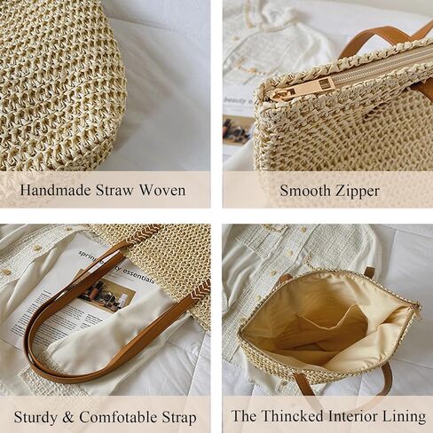 Straw Bags for Women Large Woven Summer Tote with Reinforced PU Handles and Zipper Foldable Beach Handbag for Travel Vacation in Kuwait