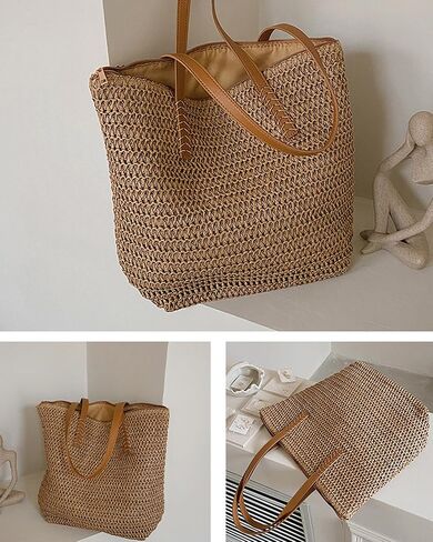 Straw Bags for Women Large Woven Summer Tote with Reinforced PU Handles and Zipper Foldable Beach Handbag for Travel Vacation in Kuwait