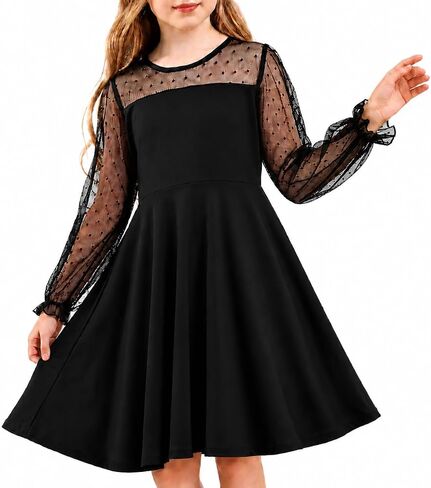 Girl's Dresses Mesh A Line Long Sleeve Midi, Flower Girl Dress Formal for Wedding Birthday Graduation Garden Prom Party 5-14Y in Saudi Arabia