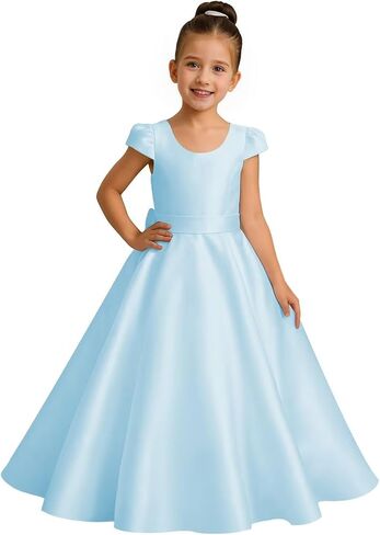 Crew Neck Flower Girl Dresses for Wedding Cap Sleeves Bow-Knot Silk Satin Princess Pageant Dress for Girls in Saudi Arabia