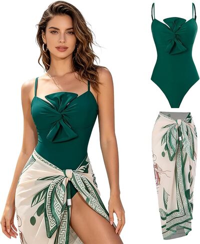 One Piece Swimsuit Women with Cover Up-Size M,Push Up Bathing Suit for Women,Retro Full Coverage Swimwear with Wrap Skirt for Summer Beach Vacations Outfit 2026 Green in Saudi Arabia