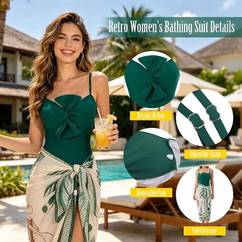 One Piece Swimsuit Women with Cover Up-Size M,Push Up Bathing Suit for Women,Retro Full Coverage Swimwear with Wrap Skirt for Summer Beach Vacations Outfit 2026 Green in Saudi Arabia