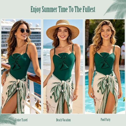 One Piece Swimsuit Women with Cover Up-Size M,Push Up Bathing Suit for Women,Retro Full Coverage Swimwear with Wrap Skirt for Summer Beach Vacations Outfit 2026 Green in Saudi Arabia