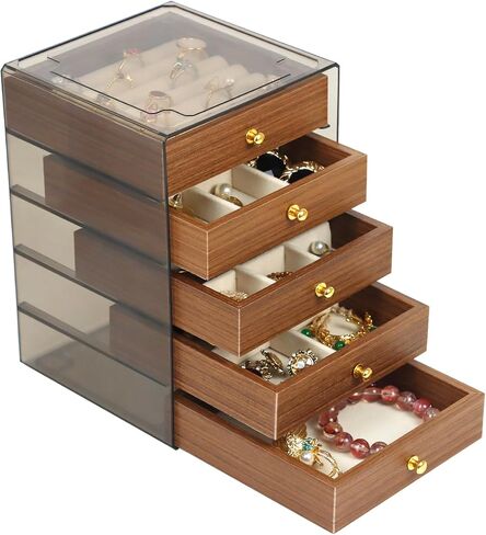 Fordonral Earring Jewelry Organizer Box with 5 Drawers, Plastic Jewelry Storage with Asjustable Velvet Trays, Multiple Display Holder for Earrings Ring Bracelet Necklace (Small-5-Drawer) in Saudi Arabia
