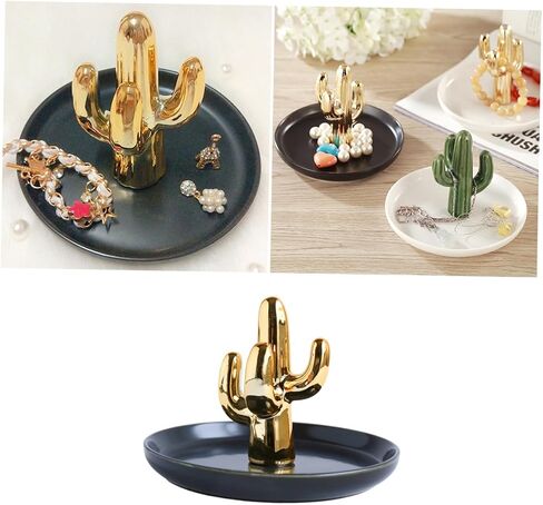 Ceramic Jewelry Tray Cactus Ring Necklace Bracelet Holder Black Plate Gold Pattern Decorative Jewelry Display Organizer for Home Bedroom Desk in Kuwait