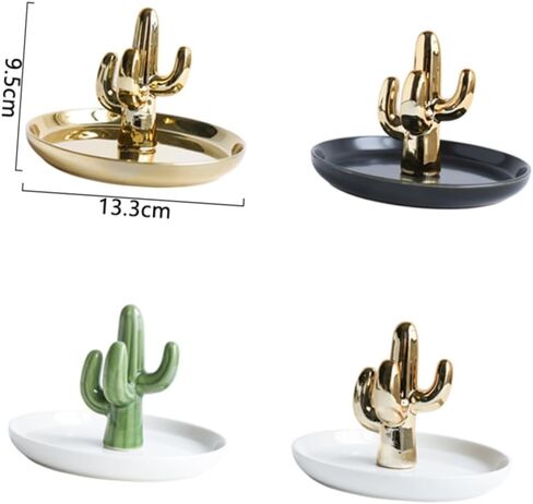 Ceramic Jewelry Tray Cactus Ring Necklace Bracelet Holder Black Plate Gold Pattern Decorative Jewelry Display Organizer for Home Bedroom Desk in Kuwait
