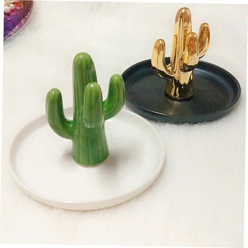 Ceramic Jewelry Tray Cactus Ring Necklace Bracelet Holder Black Plate Gold Pattern Decorative Jewelry Display Organizer for Home Bedroom Desk in Kuwait