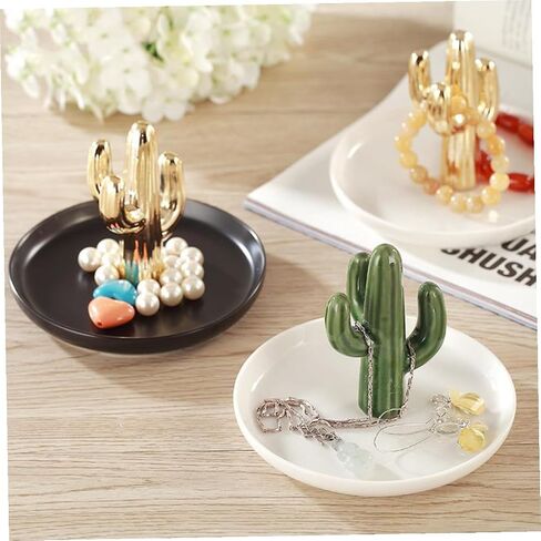 Ceramic Jewelry Tray Cactus Ring Necklace Bracelet Holder Black Plate Gold Pattern Decorative Jewelry Display Organizer for Home Bedroom Desk in Kuwait