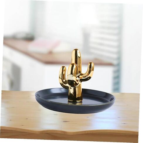 Ceramic Jewelry Tray Cactus Ring Necklace Bracelet Holder Black Plate Gold Pattern Decorative Jewelry Display Organizer for Home Bedroom Desk in Kuwait