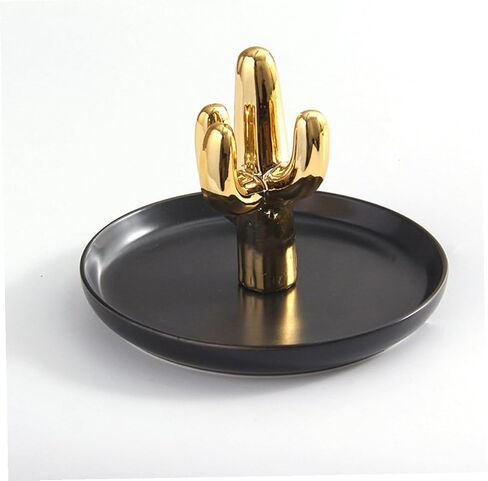 Ceramic Jewelry Tray Cactus Ring Necklace Bracelet Holder Black Plate Gold Pattern Decorative Jewelry Display Organizer for Home Bedroom Desk in Kuwait