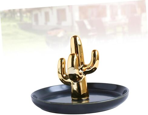 Ceramic Jewelry Tray Cactus Ring Necklace Bracelet Holder Black Plate Gold Pattern Decorative Jewelry Display Organizer for Home Bedroom Desk in Kuwait
