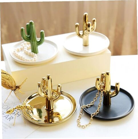 Ceramic Jewelry Tray Cactus Ring Necklace Bracelet Holder Black Plate Gold Pattern Decorative Jewelry Display Organizer for Home Bedroom Desk in Kuwait