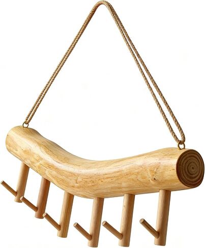 15.7-Inch Rustic Wood Wall Hanging Jewelry Organizer - Handmade Natural Wood Logs Branch Decor with 6 Hooks for Necklace, Earring, Bracelet Storage - Farmhouse, Cabin, Bathroom Home Décor in Saudi Arabia