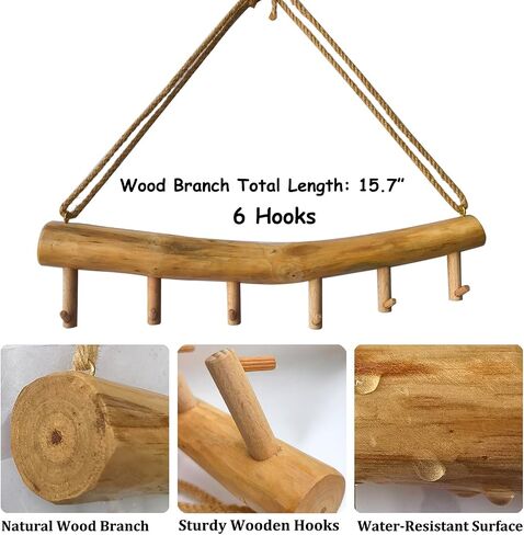 15.7-Inch Rustic Wood Wall Hanging Jewelry Organizer - Handmade Natural Wood Logs Branch Decor with 6 Hooks for Necklace, Earring, Bracelet Storage - Farmhouse, Cabin, Bathroom Home Décor in Saudi Arabia