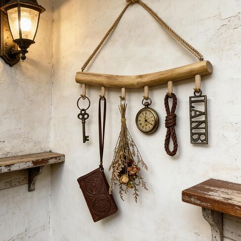15.7-Inch Rustic Wood Wall Hanging Jewelry Organizer - Handmade Natural Wood Logs Branch Decor with 6 Hooks for Necklace, Earring, Bracelet Storage - Farmhouse, Cabin, Bathroom Home Décor in Saudi Arabia