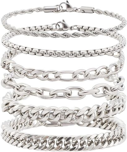 6Pcs Silver Stainless Steel Bracelet for Men Adjustable Cuban Link Chain Bracelet Set for Women Fashion Jewelry Accessories in Saudi Arabia