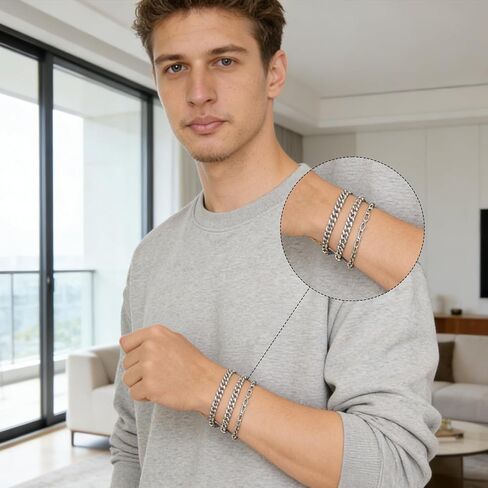 6Pcs Silver Stainless Steel Bracelet for Men Adjustable Cuban Link Chain Bracelet Set for Women Fashion Jewelry Accessories in Saudi Arabia