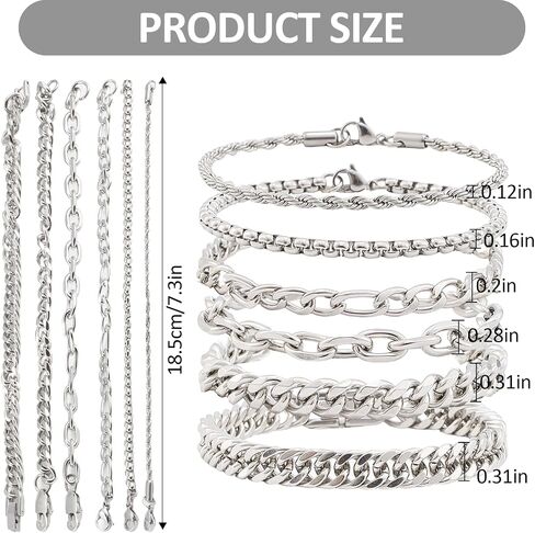 6Pcs Silver Stainless Steel Bracelet for Men Adjustable Cuban Link Chain Bracelet Set for Women Fashion Jewelry Accessories in Saudi Arabia