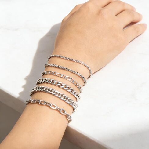 6Pcs Silver Stainless Steel Bracelet for Men Adjustable Cuban Link Chain Bracelet Set for Women Fashion Jewelry Accessories in Saudi Arabia