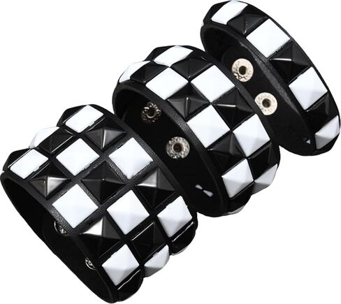3 Pcs Black White Checkered Punk Leather Cuff Bracelet,Gothic Studded Scene Bracelet,Adjustable Genuine Wristband for Men Women,Gothic Halloween Emo Jewelry Accessories in Saudi Arabia