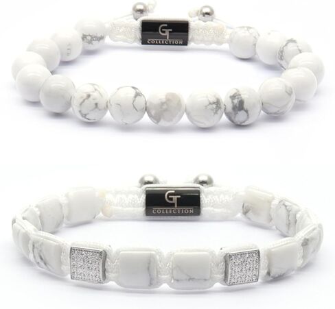 GT collection - 2 PIECE SET - Men's WHITE HOWLITE Single Bead Bracelet And Flatbead Bracelet in Saudi Arabia