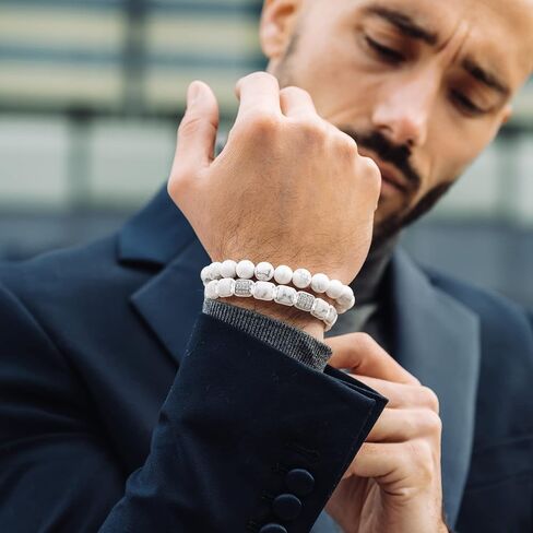 GT collection - 2 PIECE SET - Men's WHITE HOWLITE Single Bead Bracelet And Flatbead Bracelet in Saudi Arabia