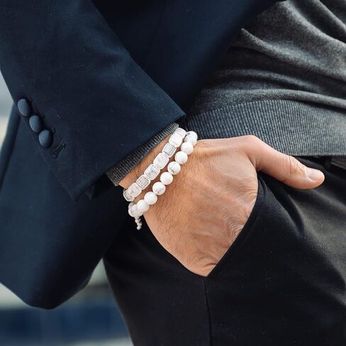 GT collection - 2 PIECE SET - Men's WHITE HOWLITE Single Bead Bracelet And Flatbead Bracelet in Saudi Arabia