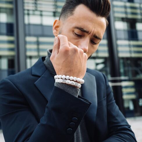 GT collection - 2 PIECE SET - Men's WHITE HOWLITE Single Bead Bracelet And Flatbead Bracelet in Saudi Arabia