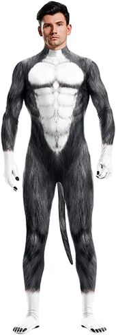 Men's Animal Bodysuit Costume with Big Tail Print Petsuit Spandex Furry Jumpsuit Cosplay Halloween Party in Saudi Arabia