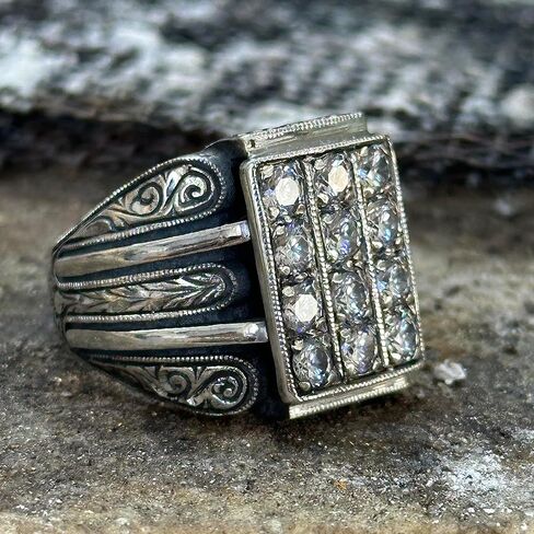 Men Handmade Ring, White Diamond Stone, Men Micro Stone Ring, Silver Vintage Handcrafted Ottoman Men Ring, Turkish handmade, Gift for Him in Kuwait