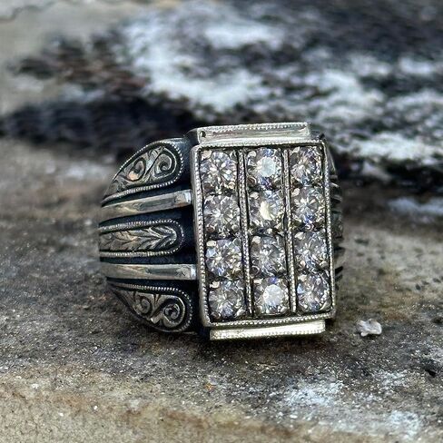 Men Handmade Ring, White Diamond Stone, Men Micro Stone Ring, Silver Vintage Handcrafted Ottoman Men Ring, Turkish handmade, Gift for Him in Kuwait