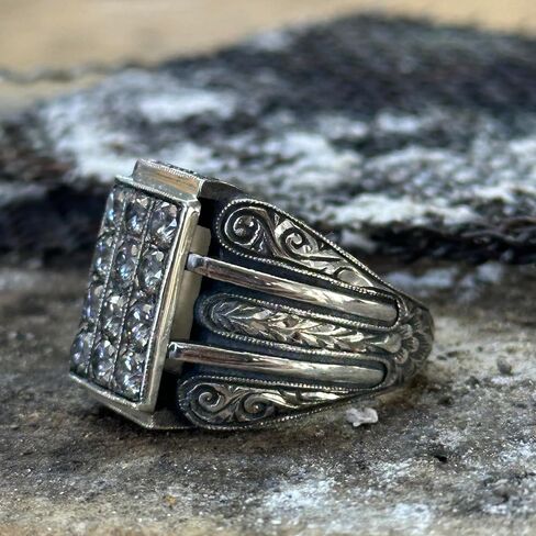Men Handmade Ring, White Diamond Stone, Men Micro Stone Ring, Silver Vintage Handcrafted Ottoman Men Ring, Turkish handmade, Gift for Him in Kuwait