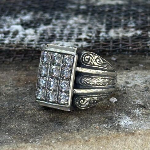 Men Handmade Ring, White Diamond Stone, Men Micro Stone Ring, Silver Vintage Handcrafted Ottoman Men Ring, Turkish handmade, Gift for Him in Kuwait