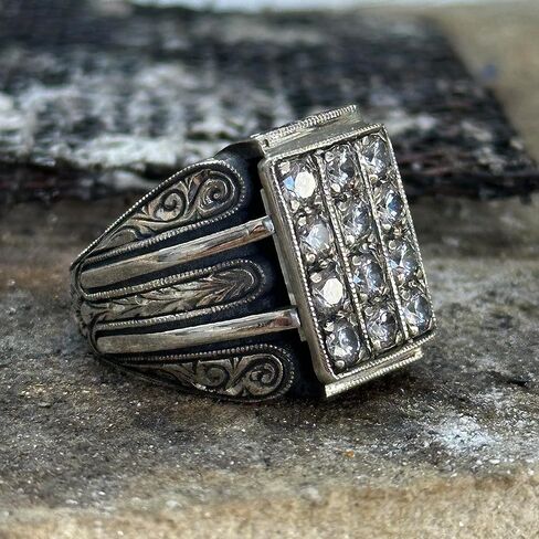 Men Handmade Ring, White Diamond Stone, Men Micro Stone Ring, Silver Vintage Handcrafted Ottoman Men Ring, Turkish handmade, Gift for Him in Kuwait