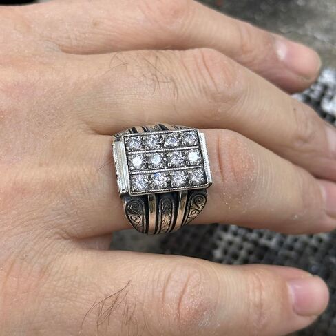 Men Handmade Ring, White Diamond Stone, Men Micro Stone Ring, Silver Vintage Handcrafted Ottoman Men Ring, Turkish handmade, Gift for Him in Kuwait