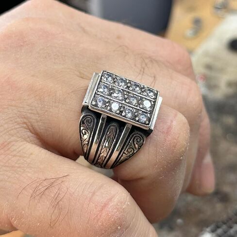 Men Handmade Ring, White Diamond Stone, Men Micro Stone Ring, Silver Vintage Handcrafted Ottoman Men Ring, Turkish handmade, Gift for Him in Kuwait