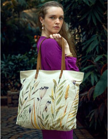 COTT N CURLS Verdant Floral Tote Bag for Women - 26x20 Flower Purses for Women, Watercolor Printed Canvas and Leather, Casual Summer Purse, Summer Handbags, Cute Gifts for Mom, Sister, Friend, Aunt in Saudi Arabia