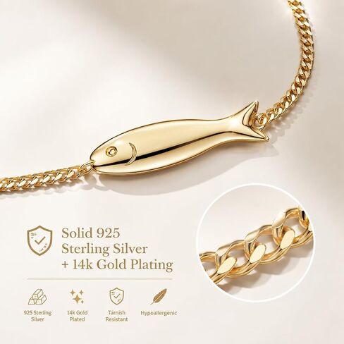 Gold Fish Bracelet for Women, Minimalist Sideways Fish Chain Bracelet, 925 Sterling Silver Gold Plated Dainty Bracelet, Adjustable 6.3"+2" Extender, Cute Animal Jewelry Gift in Saudi Arabia